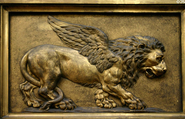 Winged lion of Evangelist Mark on pulpit at St-Sulpice church. Paris, France.