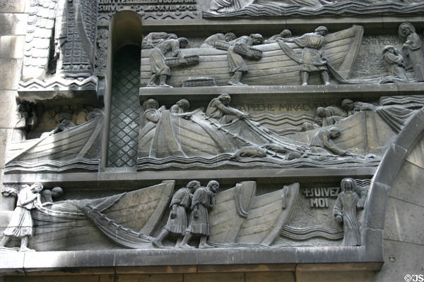 Art Deco carving of St Peter fishing at St Pierre de Chaillot. Paris, France.