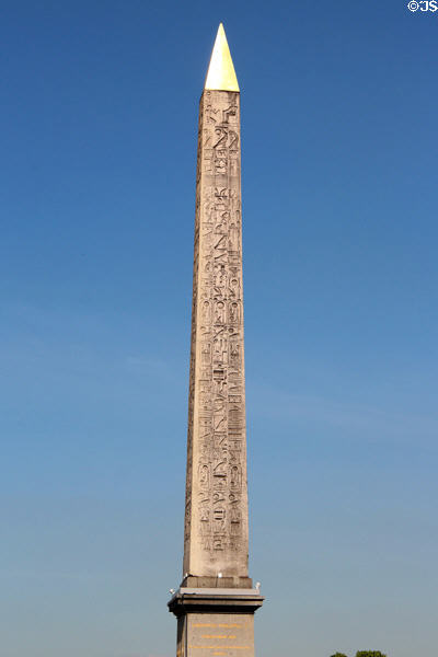 Hieroglyphics exalting reign of pharaoh Ramesses II (1279-1213 BCE) on Luxor Obelisk at Place de la Concorde. Paris, France.