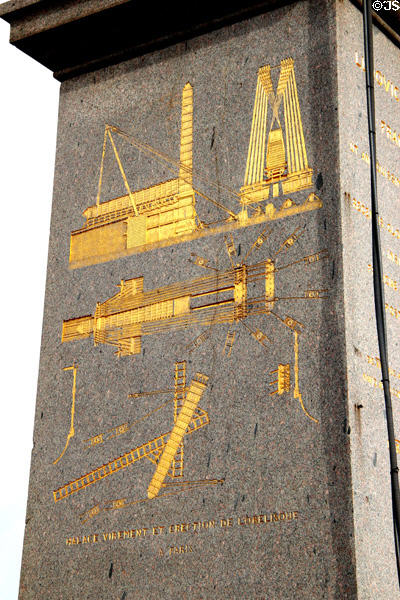 Diagram of how Luxor Obelisk was moved & re-erected etched on stone plinth supporting this ancient Egyptian monument at Place de la Concorde. Paris, France.