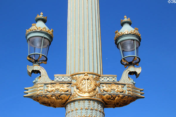 Boat-like support for double lights on lamp post of Place de la Concorde. Paris, France.