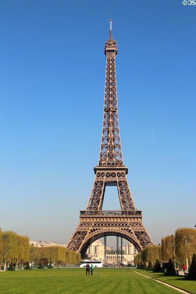 Eiffel Tower seen over Champ de Mars with Trocadéro beyond. Paris, France.