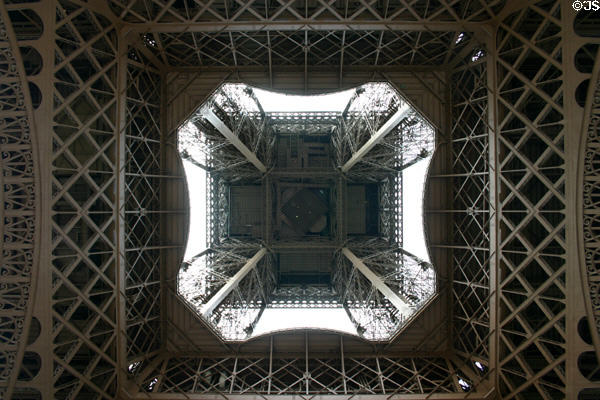 View up center of Eiffel Tower. Paris, France.