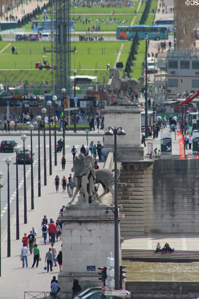 Warrior with horse statues (1853) on Pont d'Iéna (1814) between Palais de Chaillot & Eiffel Tower. Paris, France.