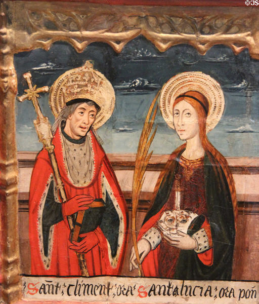 St Clement & Ste Lucia painting (end 15thC) by Master of Viella from Catalonia at Museum of Decorative Arts. Paris, France.