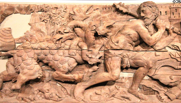 Slaying the Hydra detail of labors of Hercules frieze (1505-20) from castle Velez Blanco in Spain at Museum of Decorative Arts. Paris, France.
