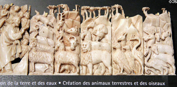 Biblical creation of animals bone carvings by Embriachi workshop (c1370-1433) in Florence then Venice at Museum of Decorative Arts at Museum of Decorative Arts. Paris, France.