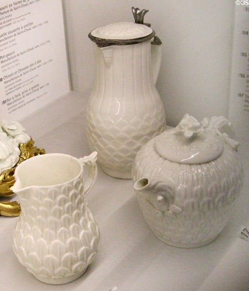 Porcelain vessels (1720-50s) made by Manuf. Saint-Cloud of Paris at Museum of Decorative Arts. Paris, France.