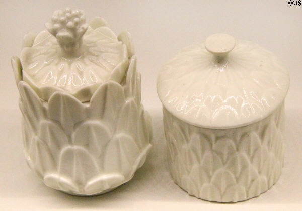 Porcelain cosmetic jars (c1730) made by Manuf. Saint-Cloud of Paris at Museum of Decorative Arts. Paris, France.