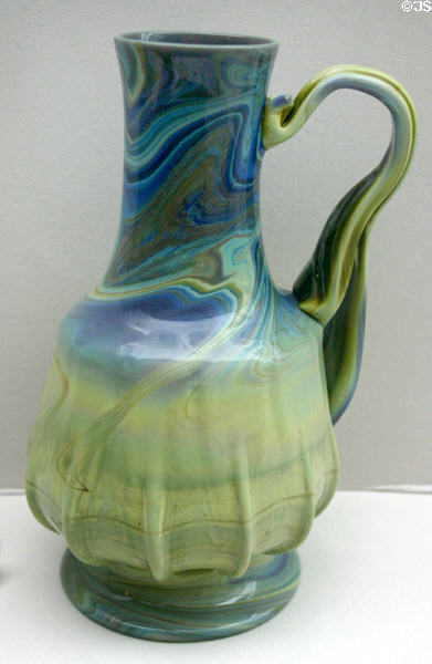 Multicolor French pitcher with abstract handle (late 19thC) at Museum of Decorative Arts. Paris, France.