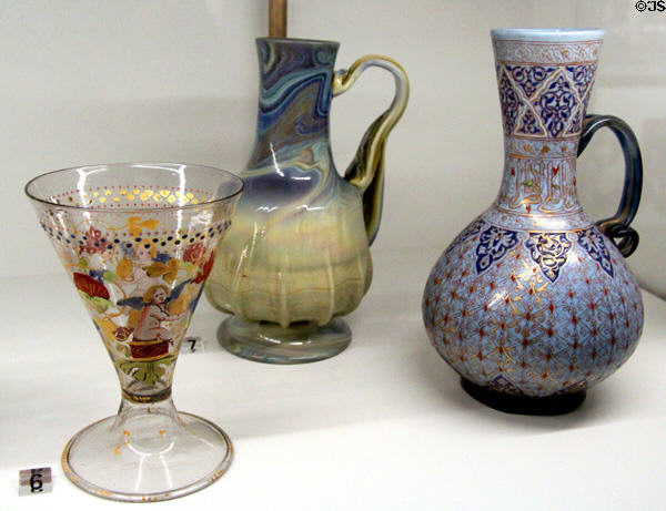 Venetian glass footed goblet & jug (both 16thC or later) plus pitcher (15th or 16thC) from Venice or Middle East with modern décor attrib Philippe-Joseph Brocard at Museum of Decorative Arts. Paris, France.