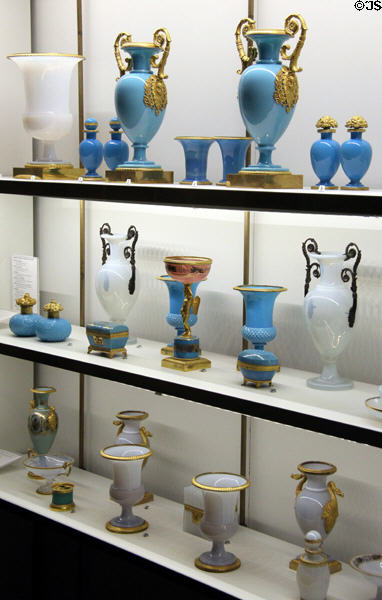 Collection of blue & white French opaline glass from Restoration era (1814-30) at Museum of Decorative Arts. Paris, France.