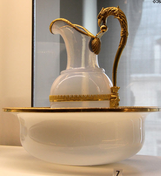 Blown glass pitcher & basin with gilded bronze handle in form of eagle head at Museum of Decorative Arts. Paris, France.