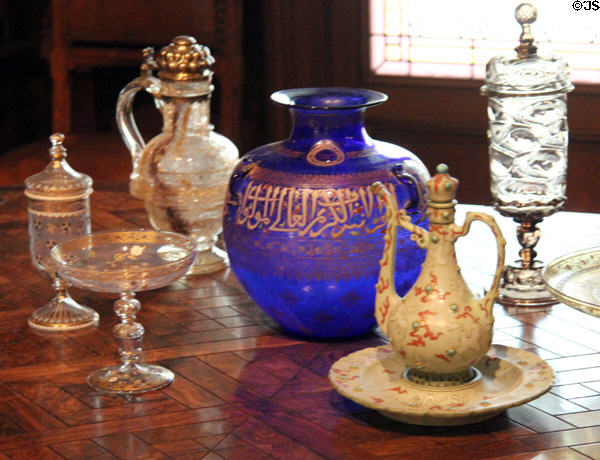 Various French-made glass vessels (1880s) in style of middle-east at Museum of Decorative Arts. Paris, France.