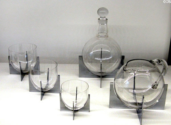 Elements of Paraison glass drinks service on chrome frames (1944) by Baccarat at Museum of Decorative Arts. Paris, France.