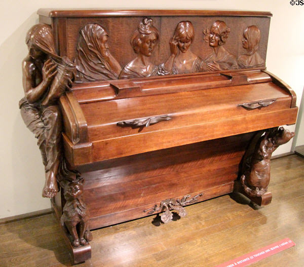Upright piano (1900) carved by François-Rupert Carabin for Henri Hertz manufacturer (shown Paris Expo 1900) at Museum of Decorative Arts. Paris, France.