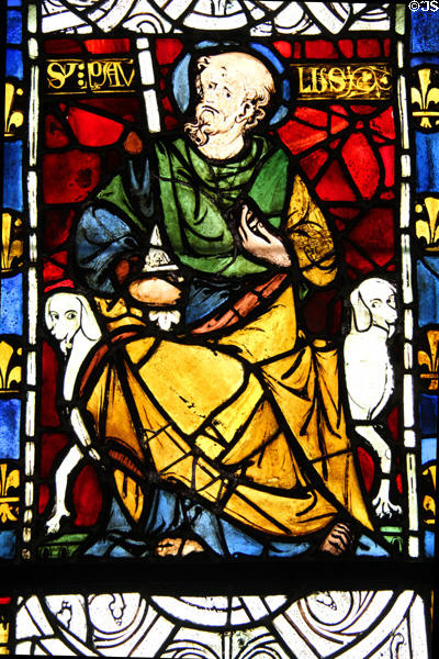 Apostle St Paul stained glass (before 1270) from Chapel of Chateau of Rouen at Cluny Museum. Paris, France.