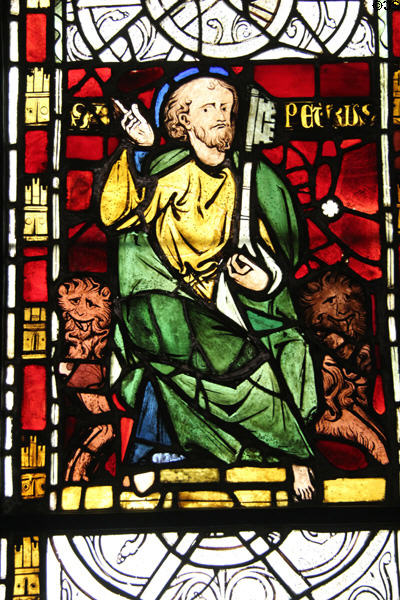 Apostle St Peter stained glass (before 1270) from Chapel of Chateau of Rouen at Cluny Museum. Paris, France.