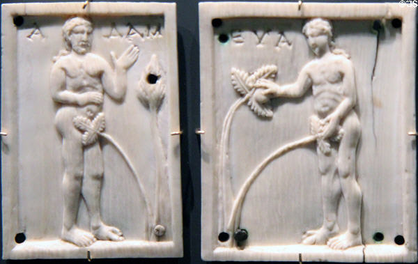 Ivory carved plaques of Adam & Eve (late 10thC - early 11thC) from Constantinople at Cluny Museum. Paris, France.