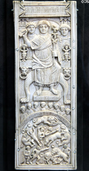 Ivory carved plaque with consul Areobindus presiding over gladiatorial games (506) from Constantinople at Cluny Museum. Paris, France.