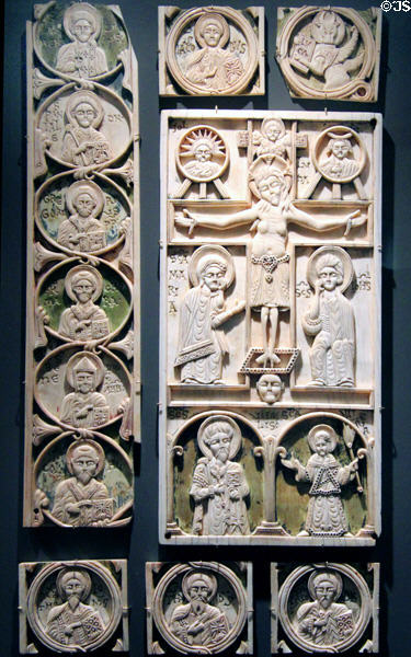 Ivory carved plaque with Crucifixion & Saints (late 11thC - early 12thC) from Venice at Cluny Museum. Paris, France.