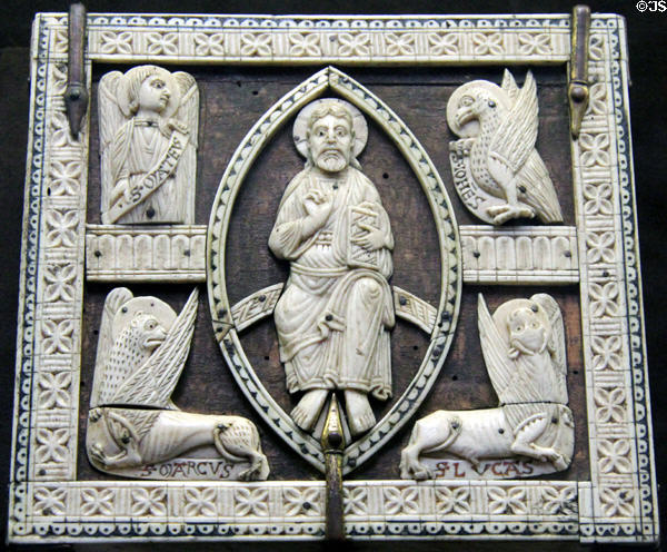 Ivory carved plaque of Christ & four Evangelists (mid 8thC) from Cologne at Cluny Museum. Paris, France.