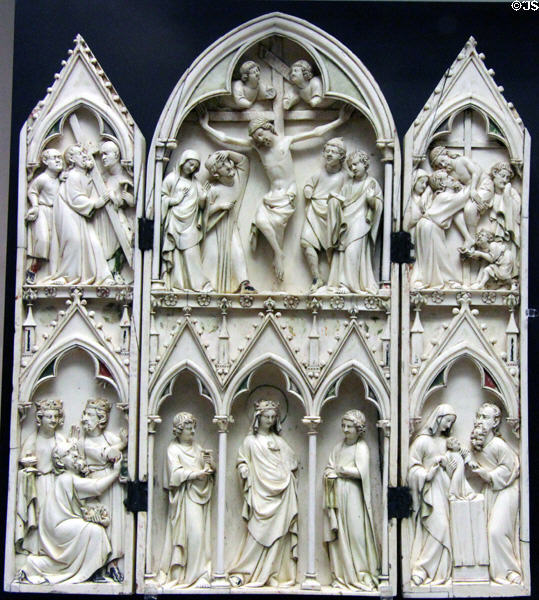 Ivory carved triptych of Childhood & Passion of Christ (early 14thC) from Tarn, France at Cluny Museum. Paris, France.