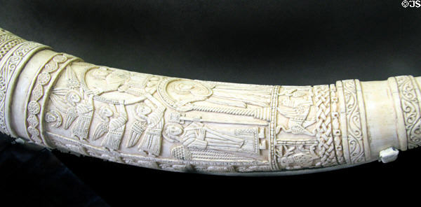 Elephant tusk carved with Ascension of Christ (12thC) from southern Italy at Cluny Museum. Paris, France.