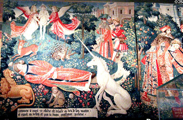 Legend of St Stephen - body of martyr surrounded by beasts tapestry (c1500) by circle of Colyn de Coter from Brussels at Cluny Museum. Paris, France.