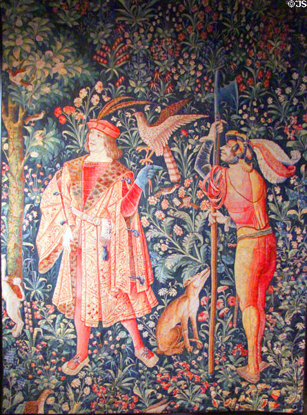 Hunting tapestry of Noble Life series in millefleur style (early 16thC) from southern Low Countries at Cluny Museum. Paris, France.