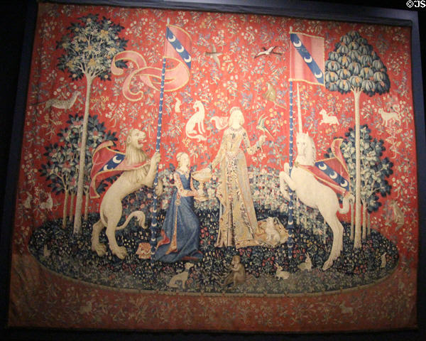 Taste panel of Lady & Unicorn tapestry series (c1500) from Paris at Cluny Museum. Paris, France.