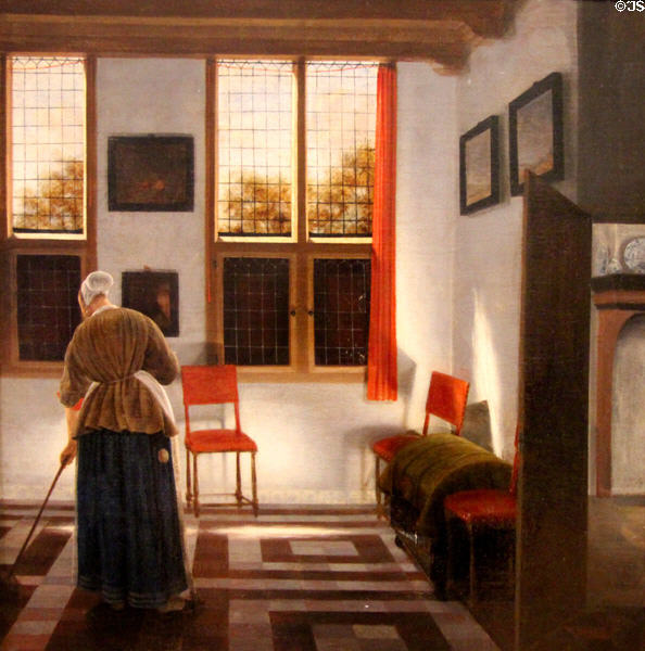 The sweeper painting (1650) by Pieter Janssens Elinga of Netherlands at Petit Palace Museum. Paris, France.
