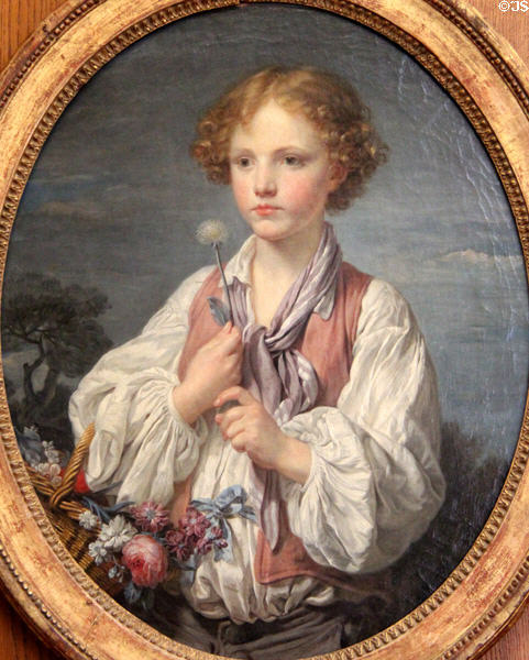 Young shepherd who counts flower petals to find it his lady loves him painting (c1760-1) by Jean-Baptiste Greuze at Petit Palace Museum. Paris, France.