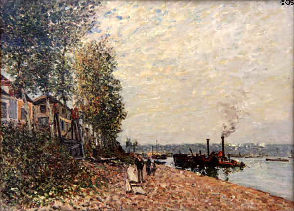 Steam tug boat on Loing River at Saint-Mammès painting (c1883) by Alfred Sisley at Petit Palace Museum. Paris, France.