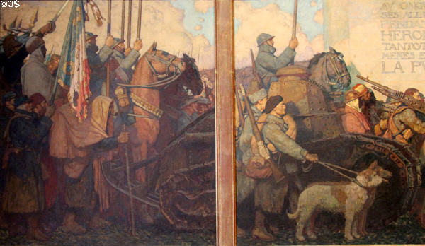 Left end section of Last Communiqué ending war Nov. 11, 1918 painting (1920) by George Leroux at Petit Palace Museum. Paris, France.
