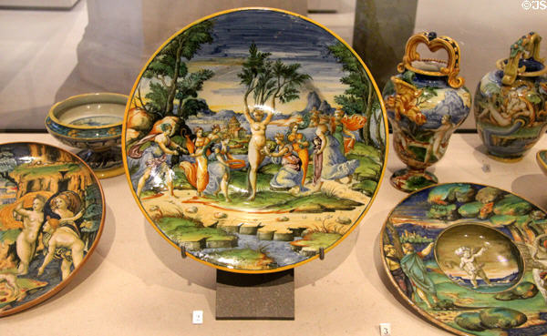 Ceramic plate painted with Birth of Adonis by Myrrha (c1560) by workshop of Fontana from Urbino, Italy at Petit Palace Museum. Paris, France.