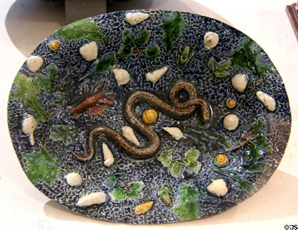 Ceramic oval plate with snake & crayfish (early 17thC) by successor of Bernard Palissy at Petit Palace Museum. Paris, France.