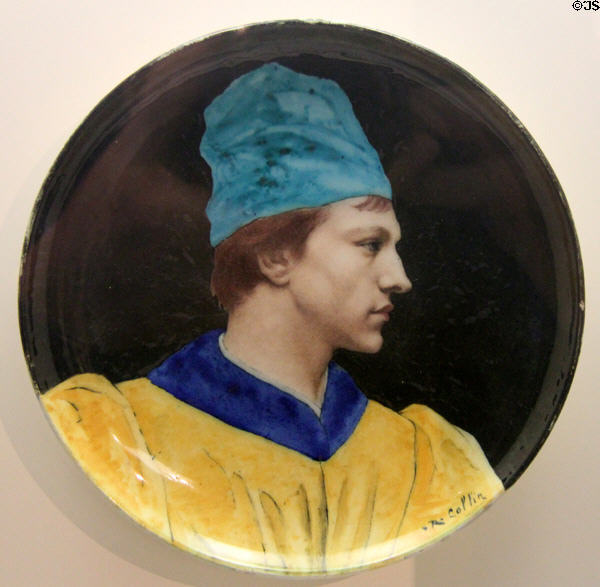 Ceramic plate (1870-5) showing young Florentine in dress of 16thC by Albert Anker with Théodore Deck from Sèvres at Petit Palace Museum. Paris, France.