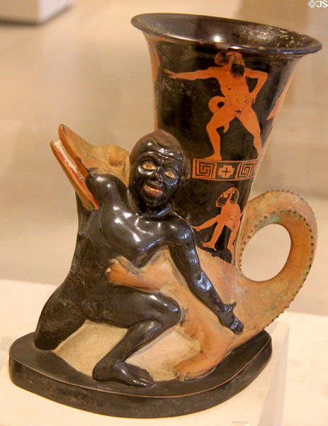 Greek rhyton in form of African attacked by crocodile (c470-460 BCE) attrib. Sotades at Petit Palace Museum. Paris, France.