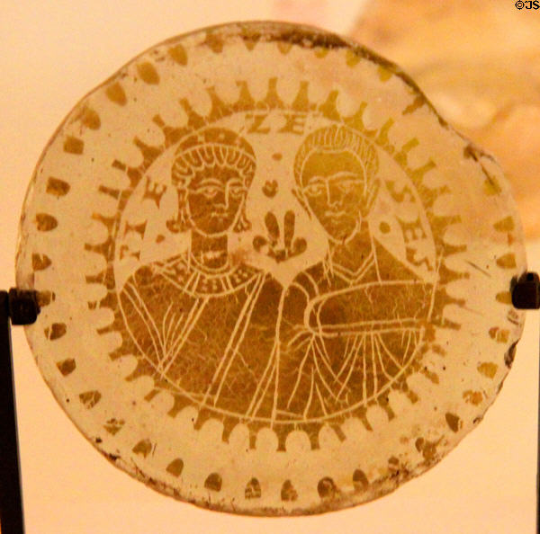 Gold image of married couple on glass base of cup (2nd half of 4thC) at Petit Palace Museum. Paris, France.