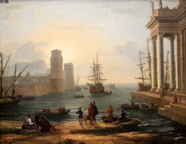 Seaport in fog (aka Departure of Ulysses) painting (1646) by Claude Lorrain at Louvre Museum. Paris, France.