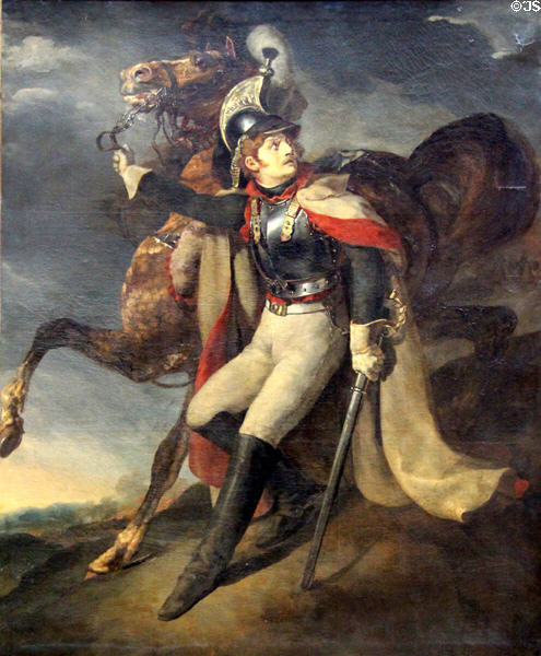 Injured trooper leaving field of fire painting (1814) by Théodore Géricault at Louvre Museum. Paris, France.
