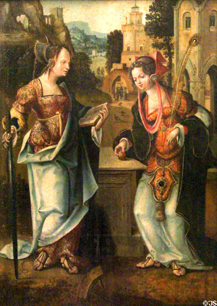 St Catherine & St Barbara painting (first half 16thC) from Antwerp at Louvre Museum. Paris, France.
