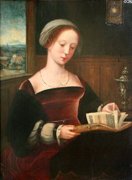 St Madeleine reading painting (first third 16thC) by Maître des demi-figures from the Low Countries at Louvre Museum. Paris, France.