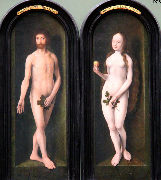 Adam & Eve painting (1507) by Joos van Cleve at Louvre Museum. Paris, France.