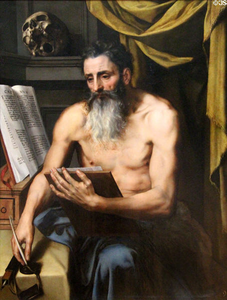 St Jerome in meditation painting (c1565-70) by Willem Key or Adriaen Thomasz Key at Louvre Museum. Paris, France.