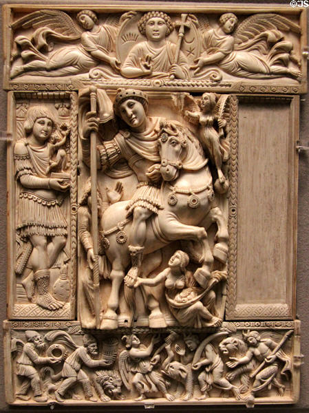 Ivory diptych panel with a triumphant emperor (Justinian?) (1st half 6th C) at Louvre Museum. Paris, France.