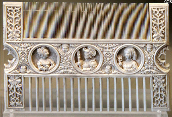 Ivory comb with miniature portraits (1st half 16th C) from Northern France at Louvre Museum. Paris, France.