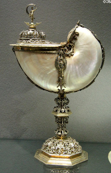 Gilded silver mounted nautilus shell cup (1620-5) by Ulricht Ment of Augsburg, Germany at Louvre Museum. Paris, France.