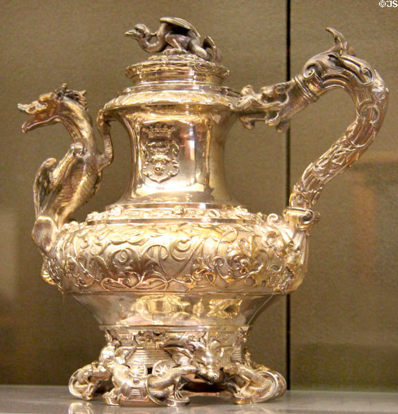 Silver coffee pot with dragon motif (c1840-5) by Marc-Augustin Lebrun of Paris at Louvre Museum. Paris, France.